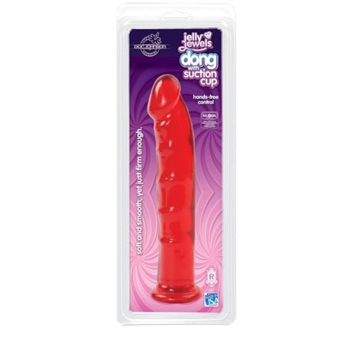 Red Jelly Jewels dong with suction cup in clear packaging for hands-free use