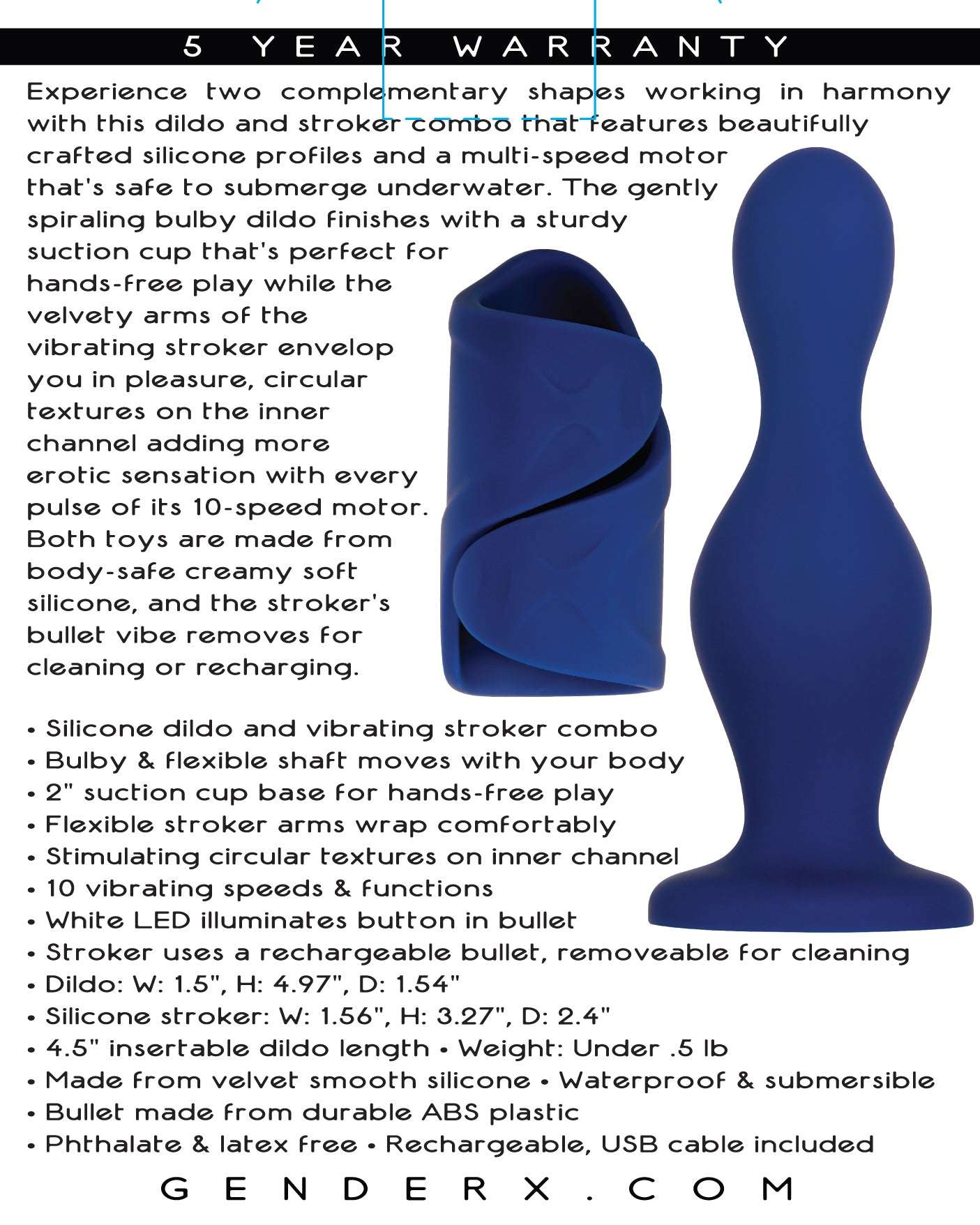 blue silicone dildo and vibrating stroker combo iN's and Out's with suction base and textured inner channel, waterproof and rechargeable