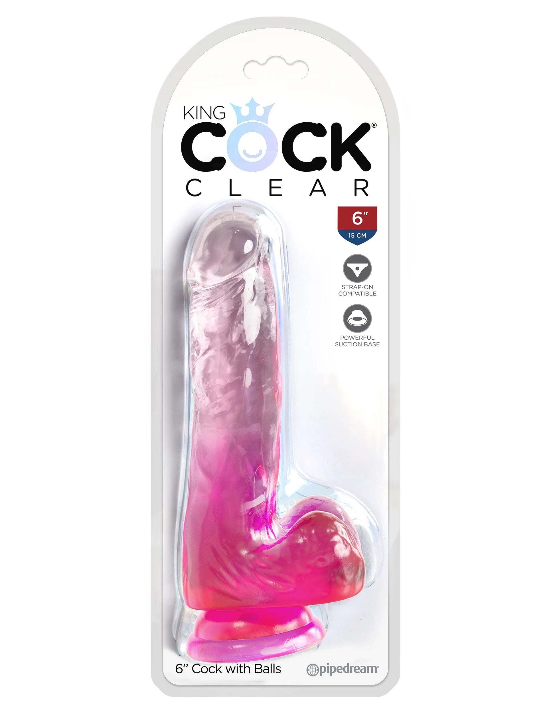 King Cock Clear 6 inch pink translucent dildo with suction cup and balls in packaging