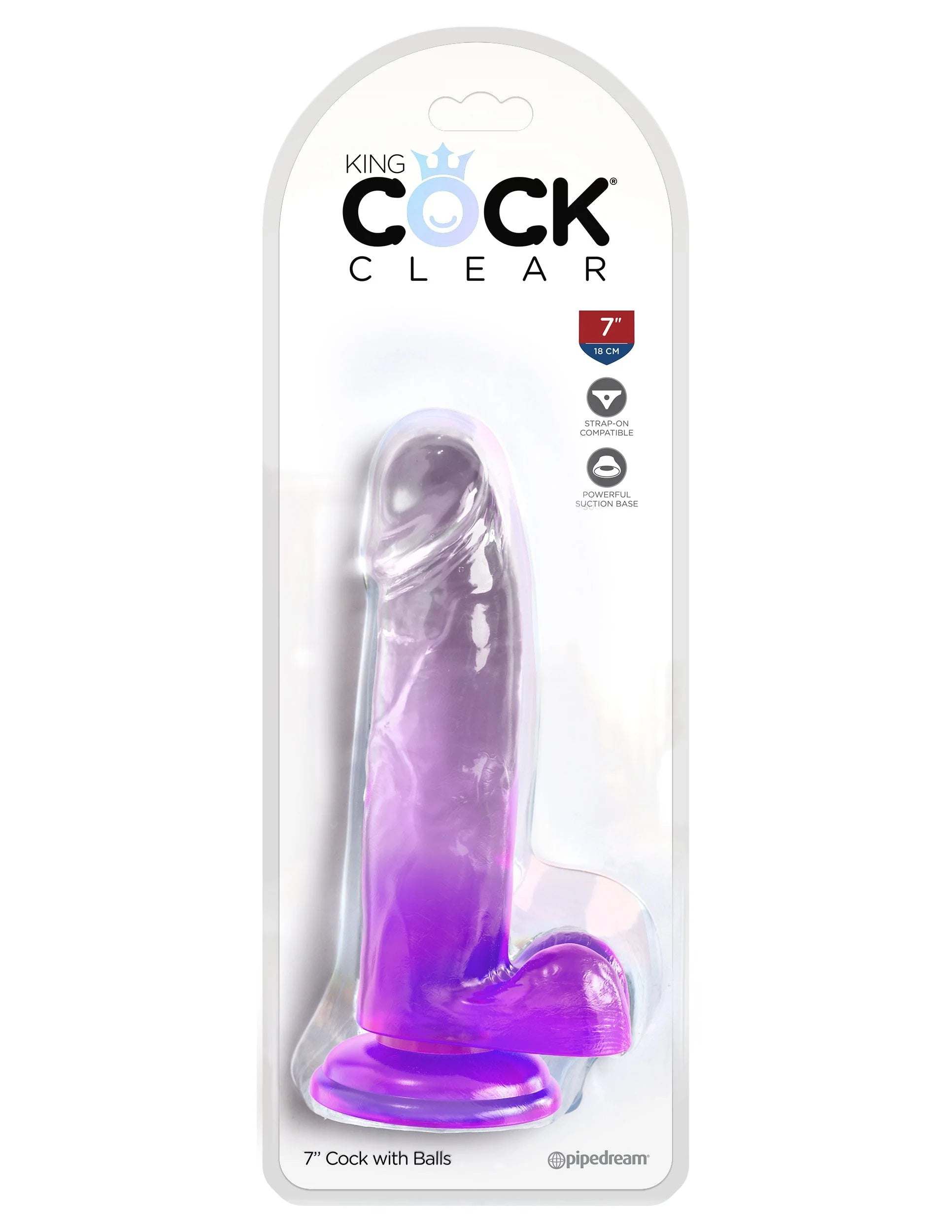 King Cock Clear 7-inch purple translucent dildo with balls and suction cup base for hands-free use.