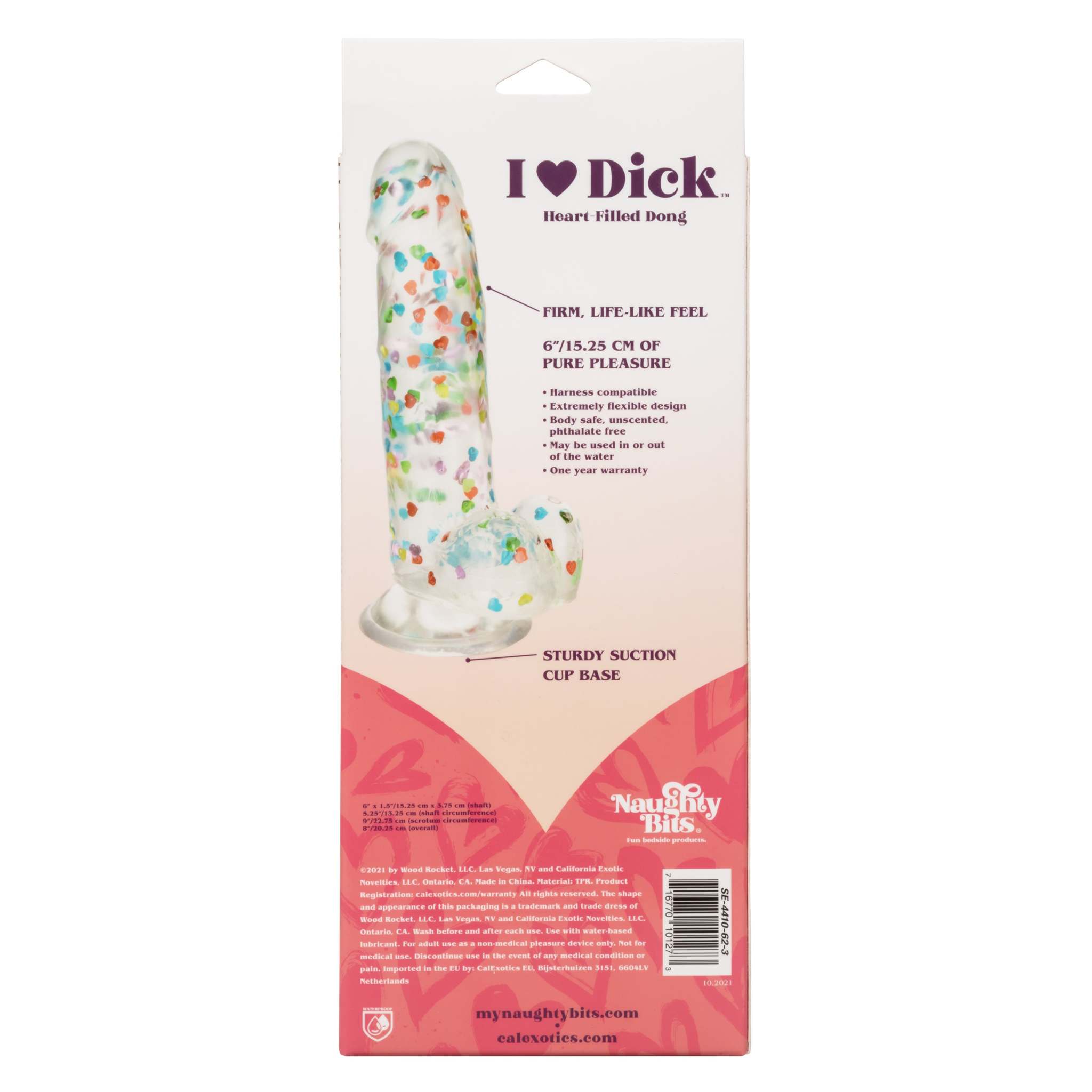 Naughty Bits I Love Dick Heart-Filled Dong with colorful heart confetti, life-like texture, flexible body, suction cup base, and body-safe material