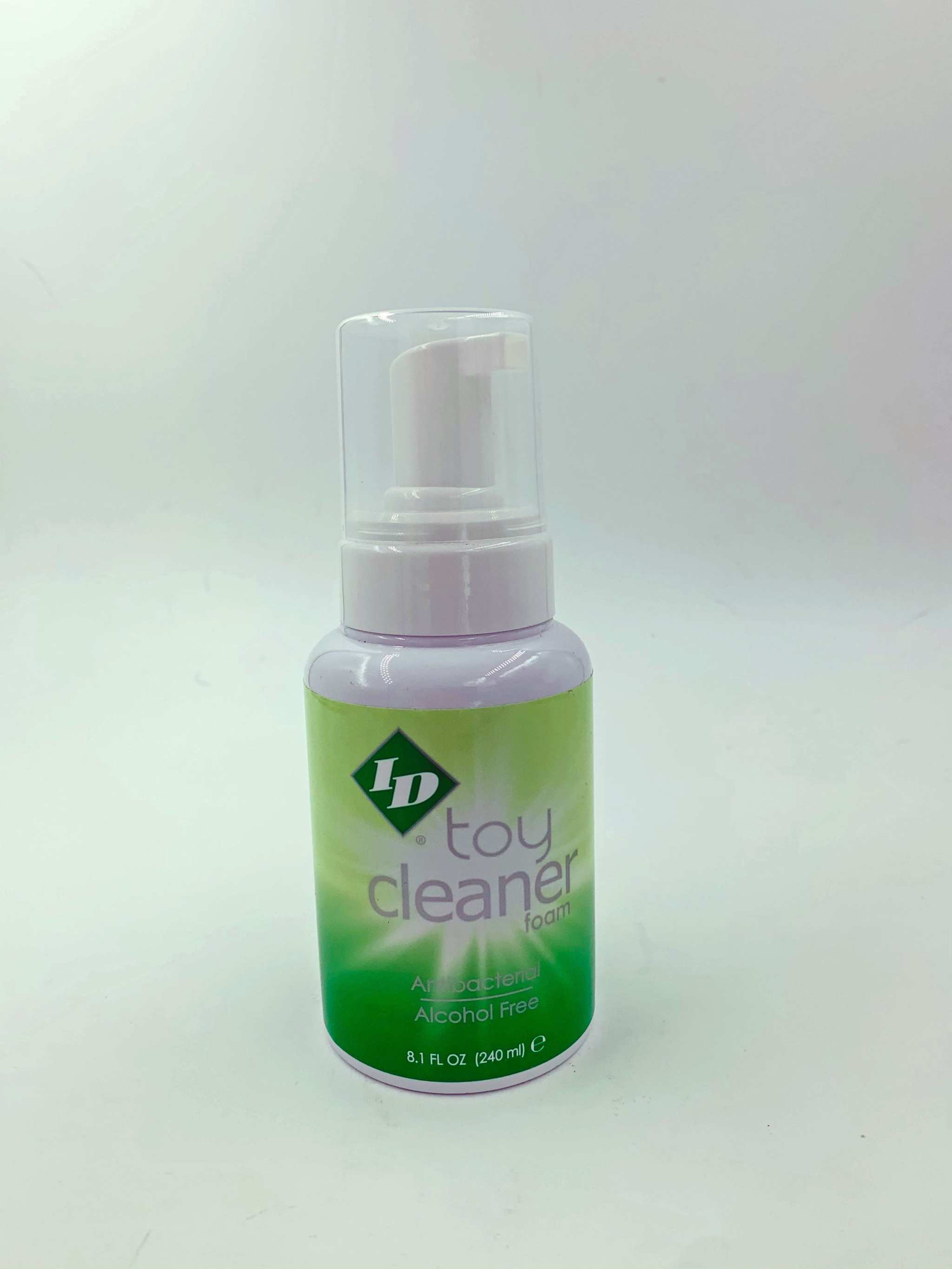 ID Toy Cleaner Foam 8.1 oz bottle with green apple scent, alcohol-free, antibacterial toy cleaner foam
