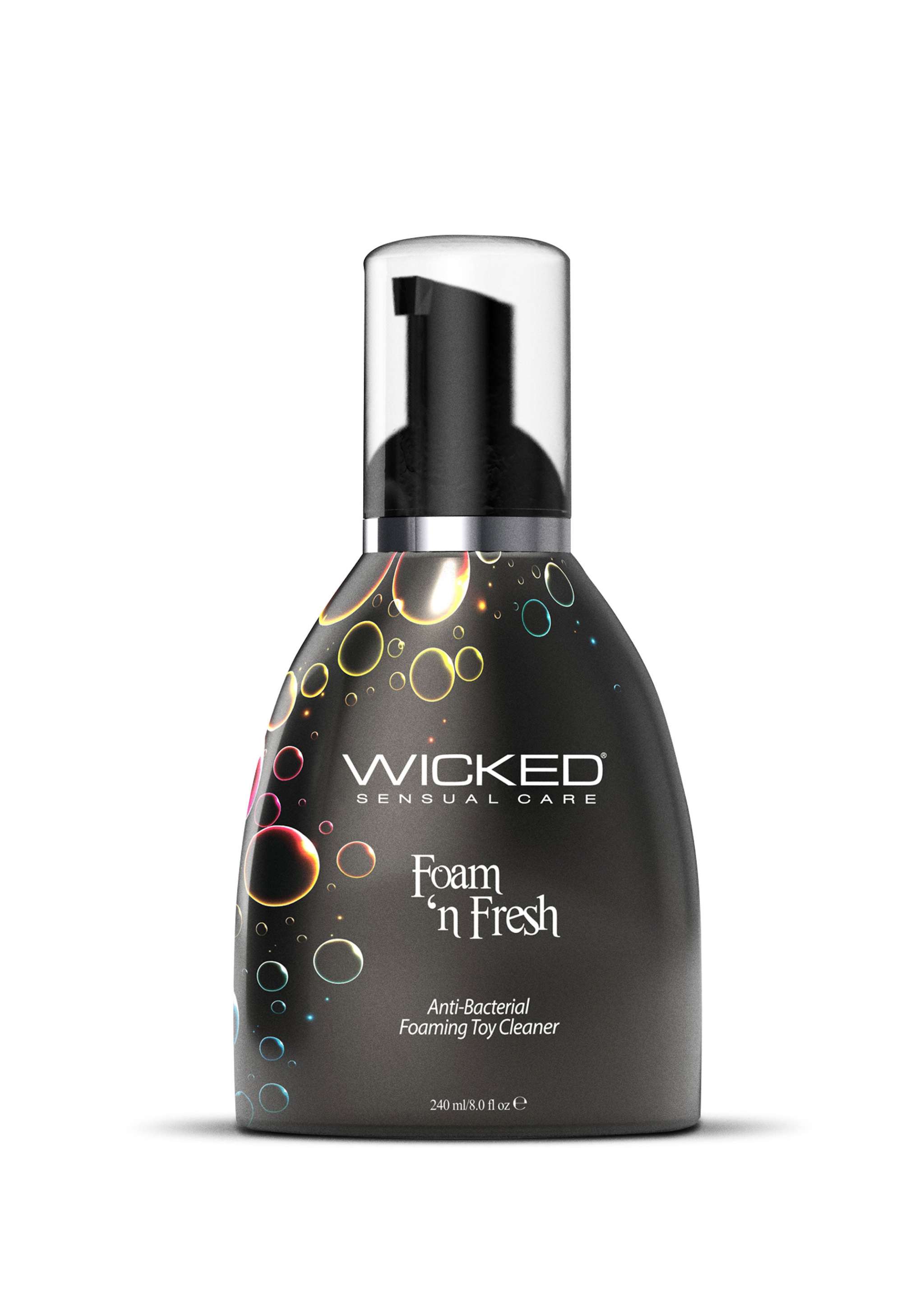 Wicked Foam 'N Fresh anti-bacterial foaming toy cleaner bottle with black pump and colorful bubbles design