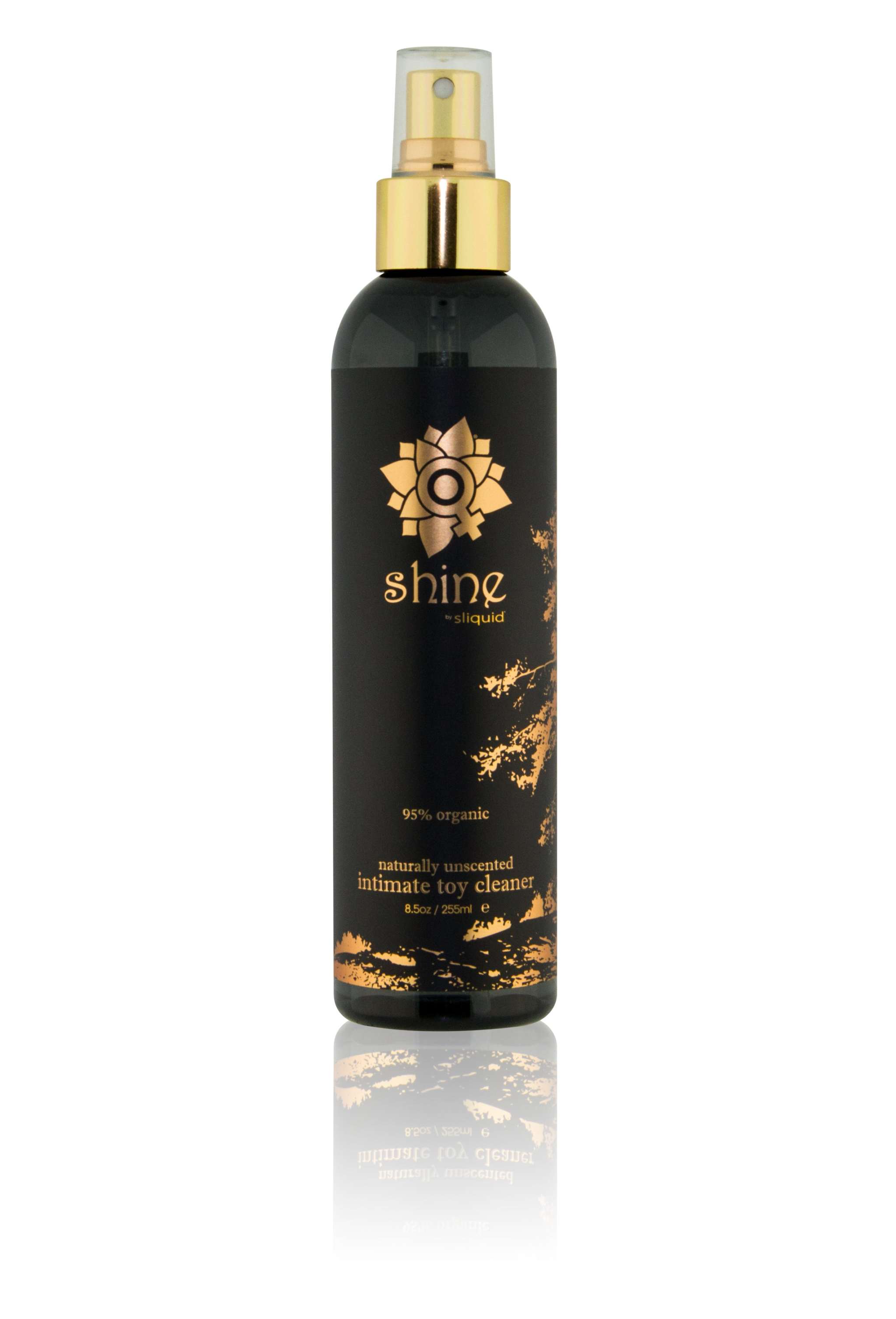 Shine All Natural 8.5 oz organic tea tree oil based toy cleaner in black spray bottle