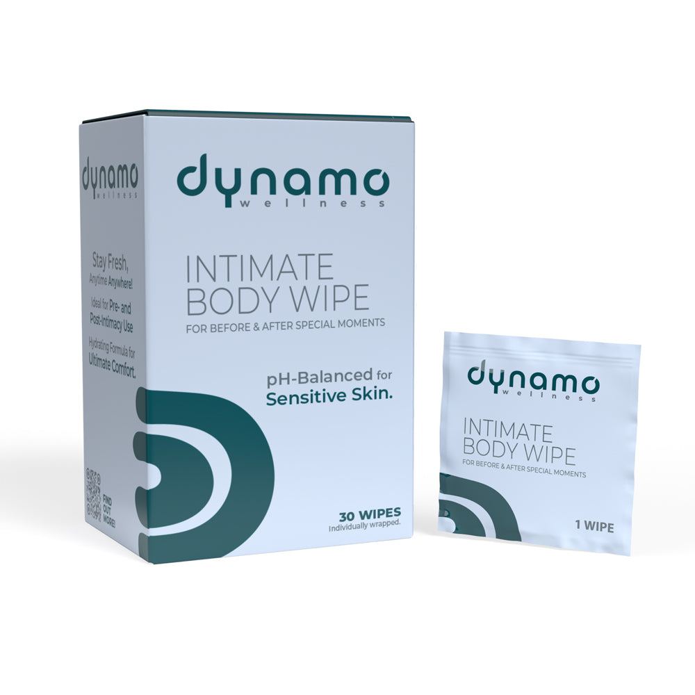 Dynamo Wellness Intimate Body Wipe 30 pack with pH-balanced, sensitive skin formula and individually wrapped wipes for gentle cleansing