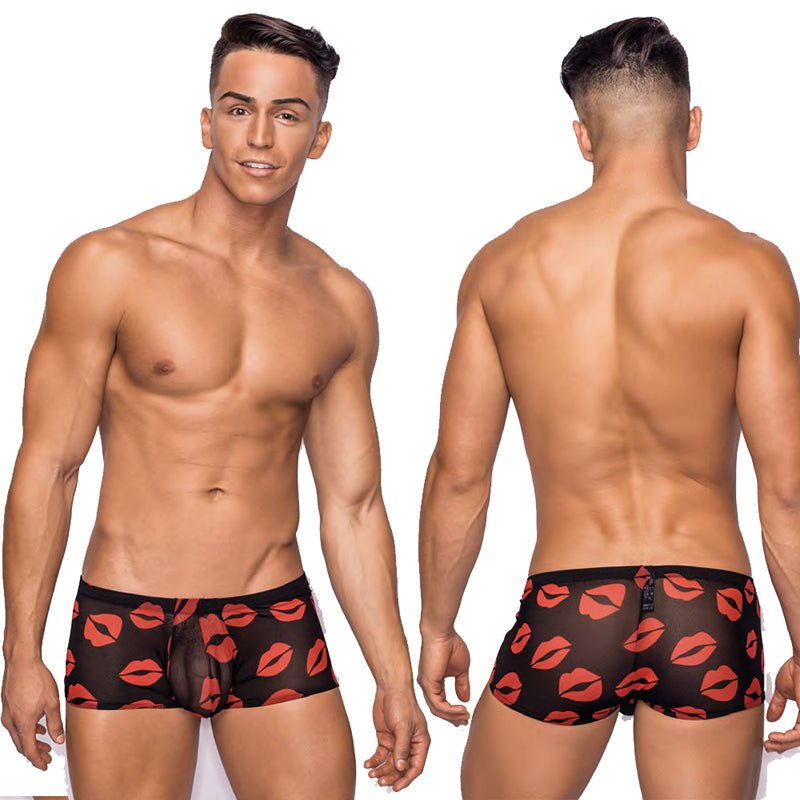 Male Power Kiss Me Mini Short sheer black mesh male underwear with red lip print, front and back view on model