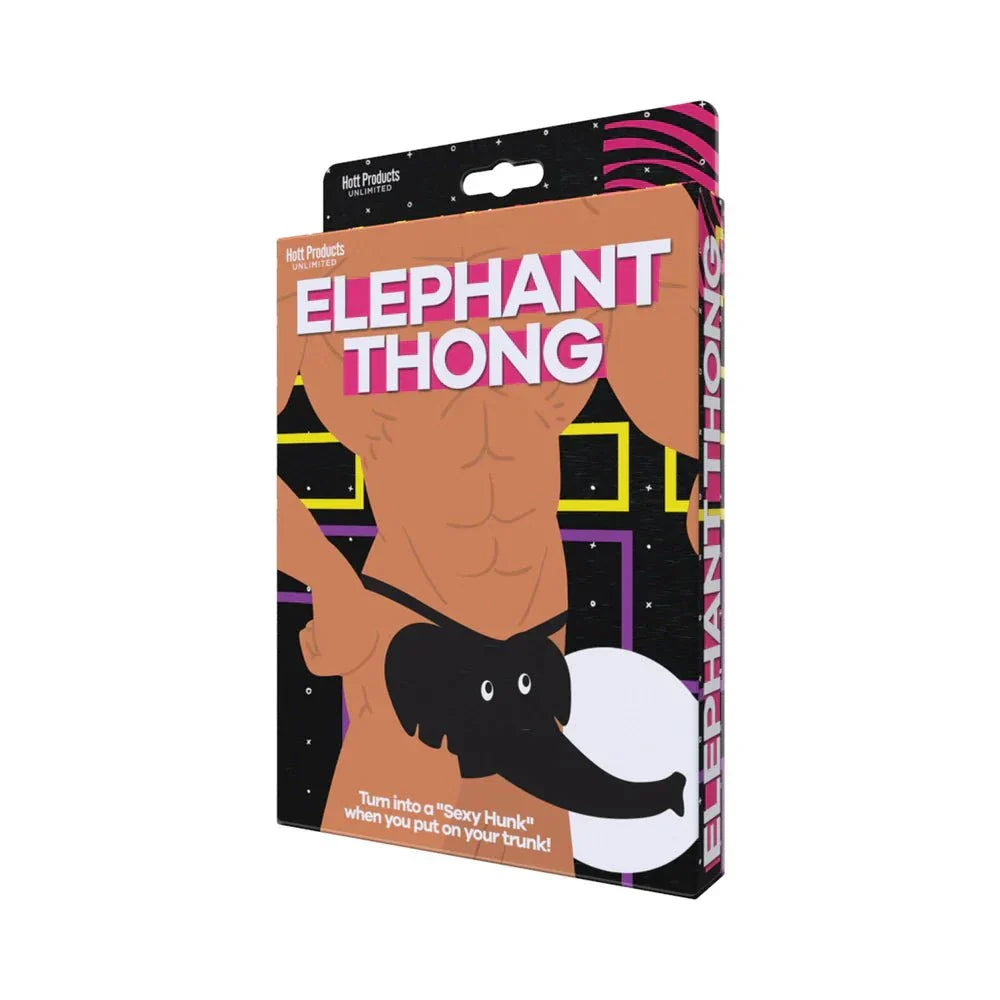 Packaging of Elephant Thong Black men's underwear featuring a muscular torso illustration and elephant trunk design.