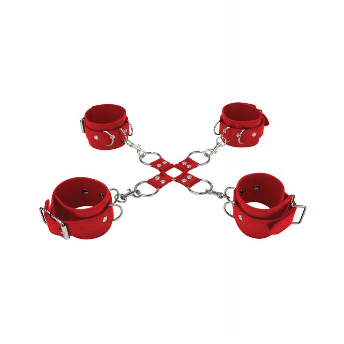 Shots Ouch Leather Hand & Leg Cuffs - Red by Bondage & Fetish Toys
