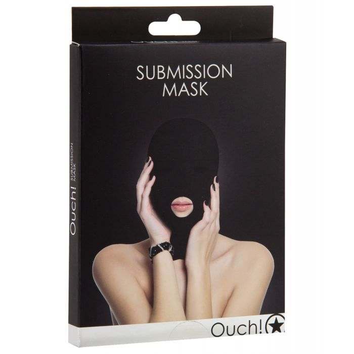 Shots Ouch Submission Mask in black for sensory play with breathable fabric and zipper closure.