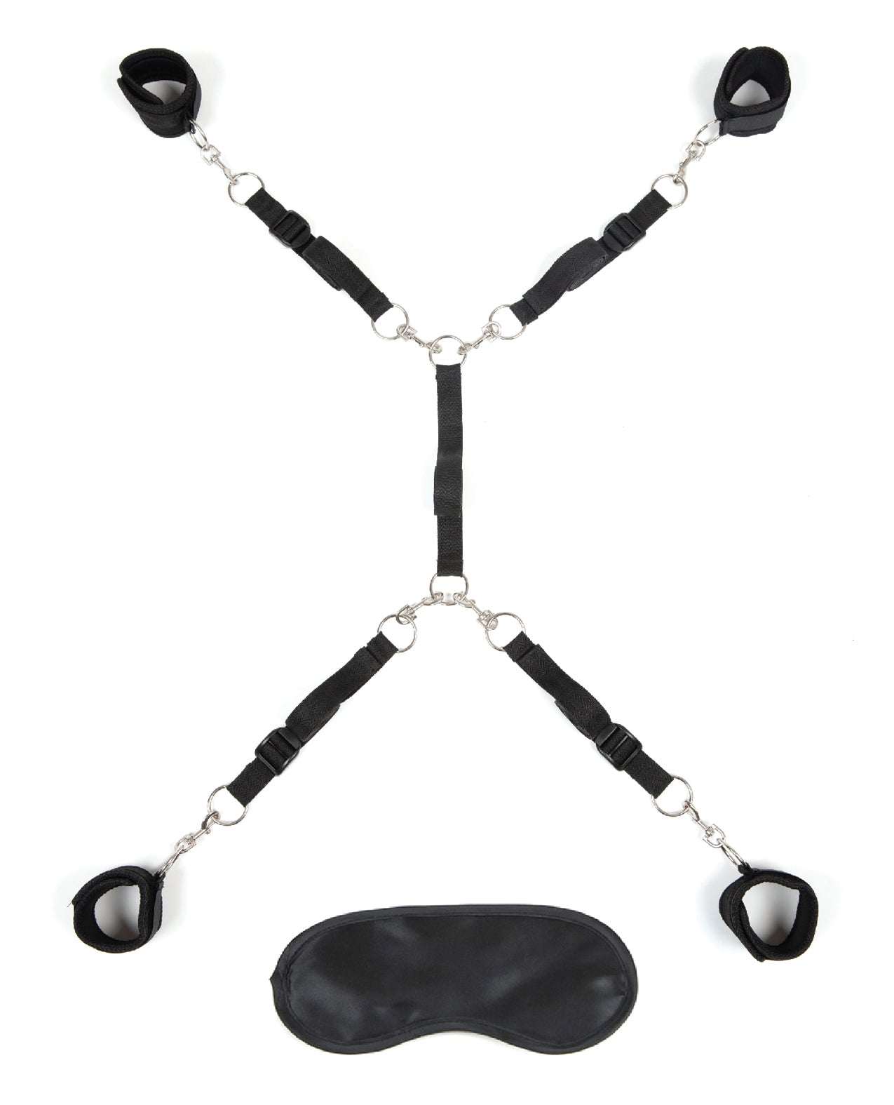 Black Lux Fetish Bed Spreader with adjustable straps, neoprene cuffs, and matching blindfold for bondage restraint play
