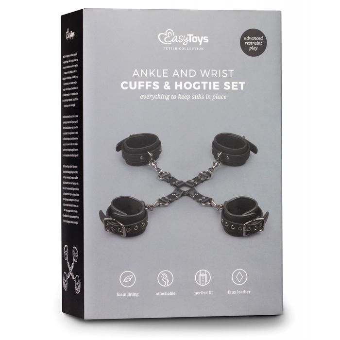 Easy Toys Hogtie black ankle and wrist cuffs set with foam lining and detachable clips for advanced restraint play