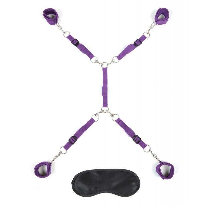 Purple Lux Fetish Bed Spreader with adjustable neoprene cuffs and black plush blindfold for bondage play