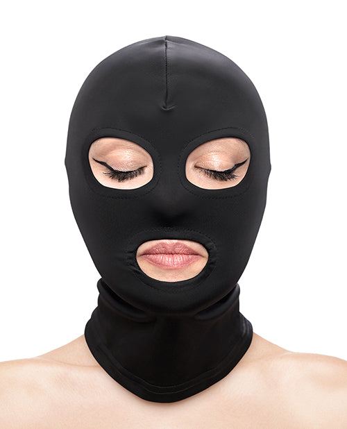 Black Fetish & Fashion Eyes & Mouth Hood made of soft nylon with eye and mouth openings for BDSM and roleplay.