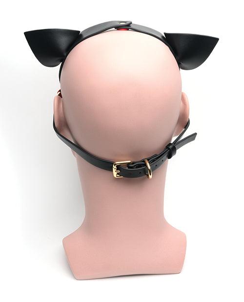 665 Bondage Pup Hood in black and red PU material with alloy hardware shown on back of mannequin head