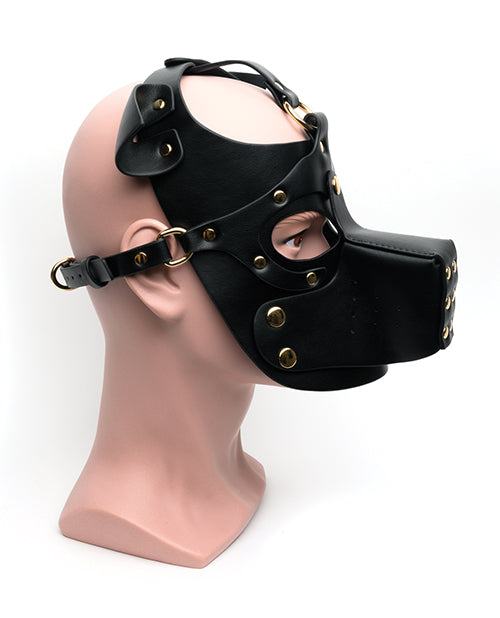 665 Bondage Pup Hood in black PU material with adjustable straps and alloy hardware displayed on mannequin head.