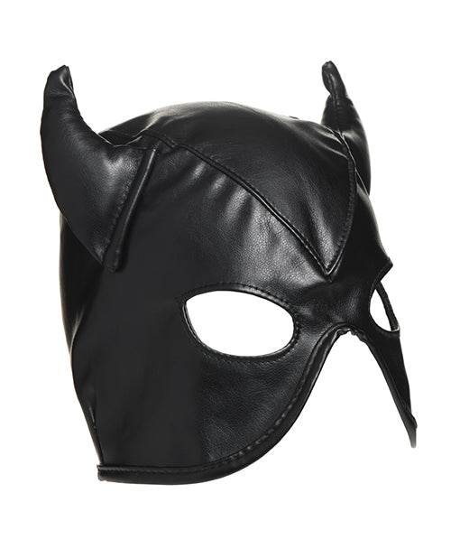 Black Master Series Dungeon Demon Bondage Hood with horns made of vegan-friendly PU leather, featuring eye and mouth openings for comfort and style.