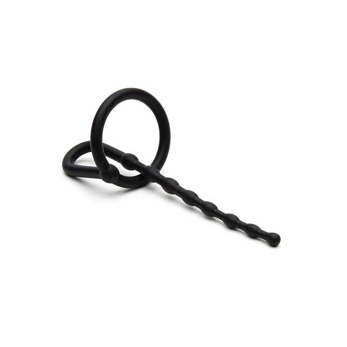 Black Sport Fucker Dipstick with attached glans ring and textured shaft made from medical-grade silicone for enhanced intimate pleasure