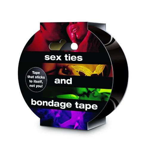 Black sex ties and bondage tape roll that sticks to itself, designed for safe and versatile restraint play.