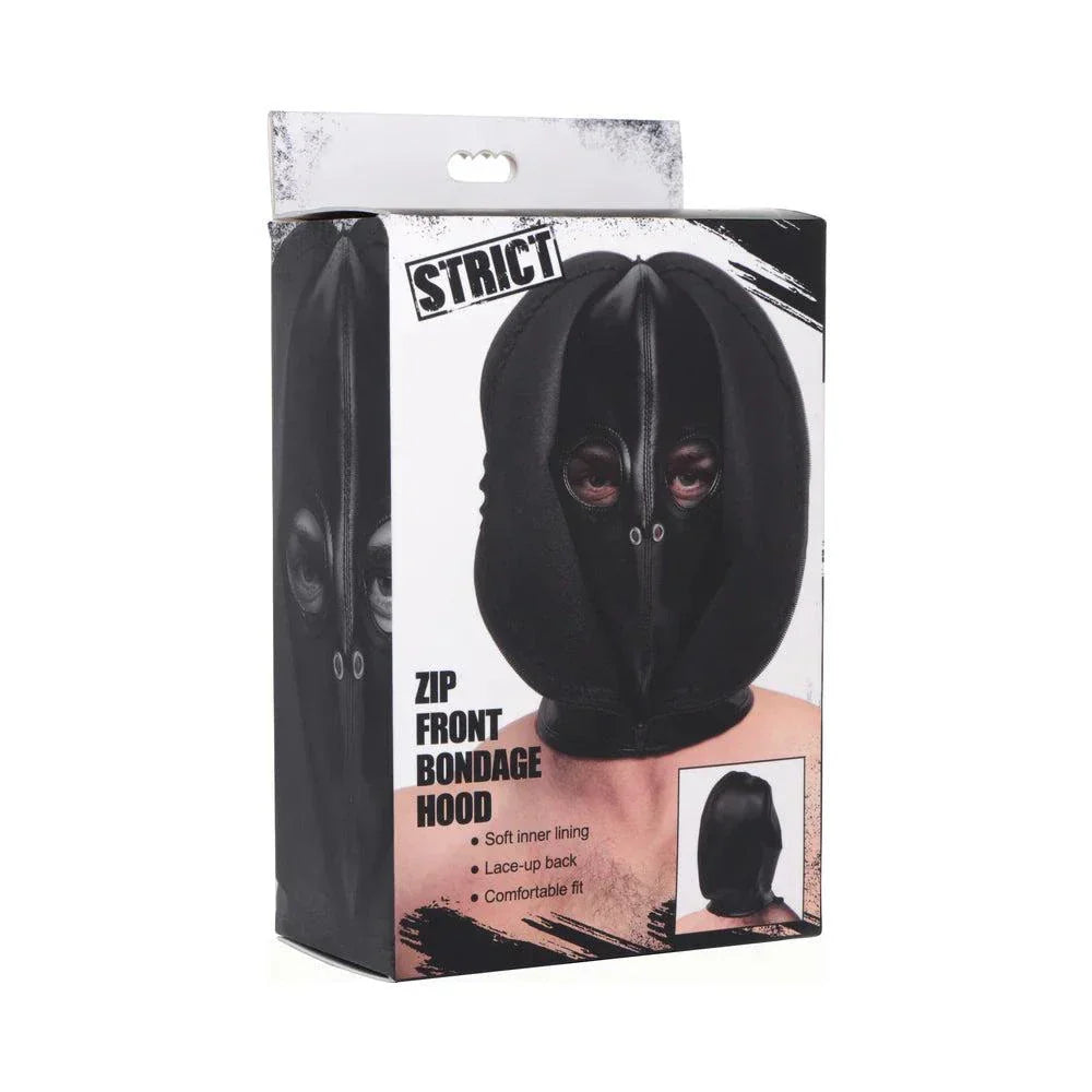 STRICT Zip Front Bondage Hood in black PU leather with eye holes, breathing holes, and lace-up back for adjustable fit and comfort