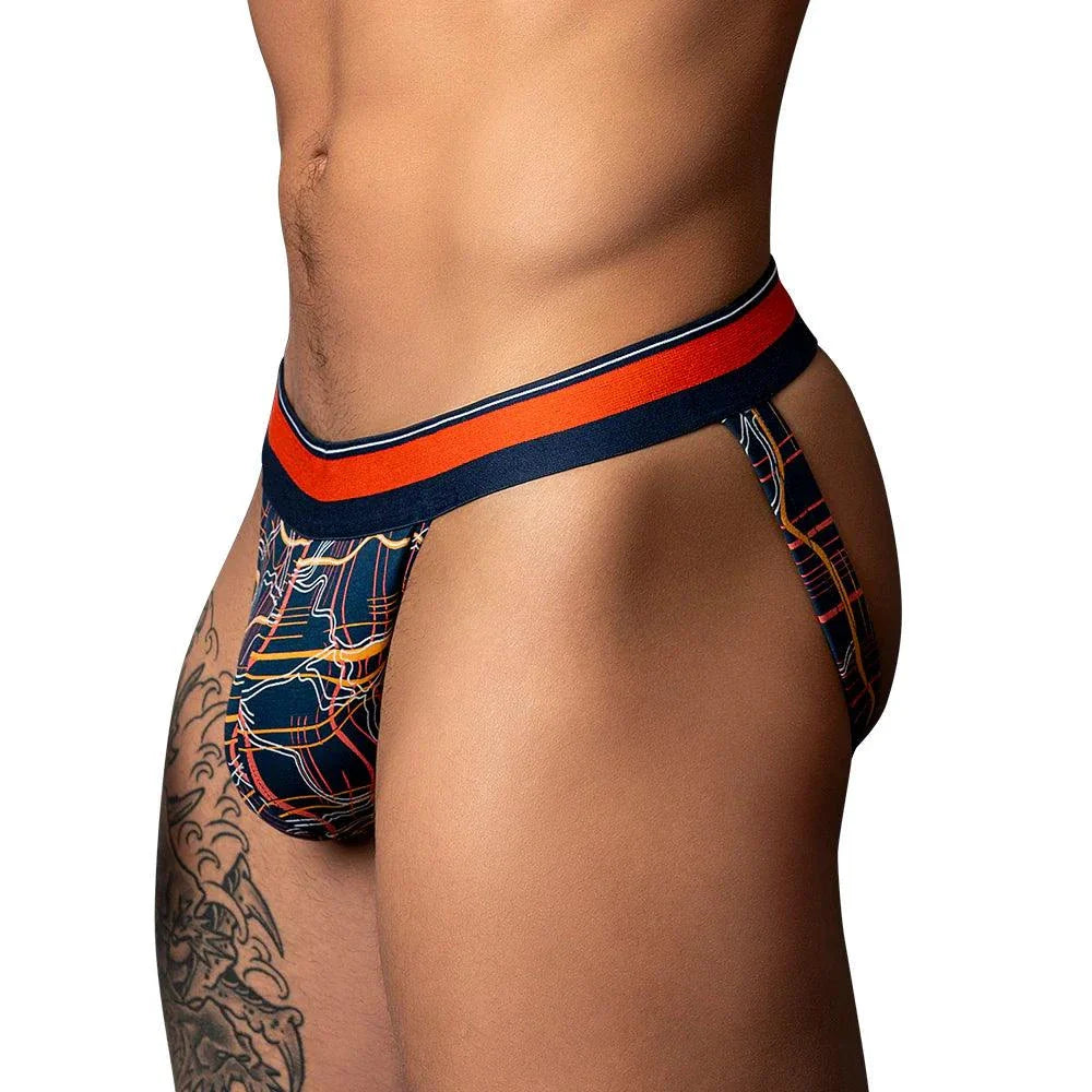 Male Power Soo Cumfy Jock in navy and orange with marble print, elastic waistband, and contoured pouch for support.