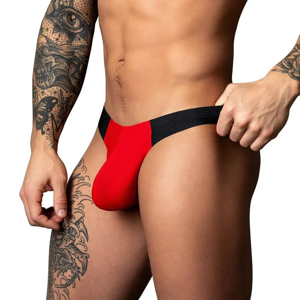 Male Power Hot Mesh Bong Thong in black and red, men's L/XL breathable mesh underwear with supportive pouch and T-back design.