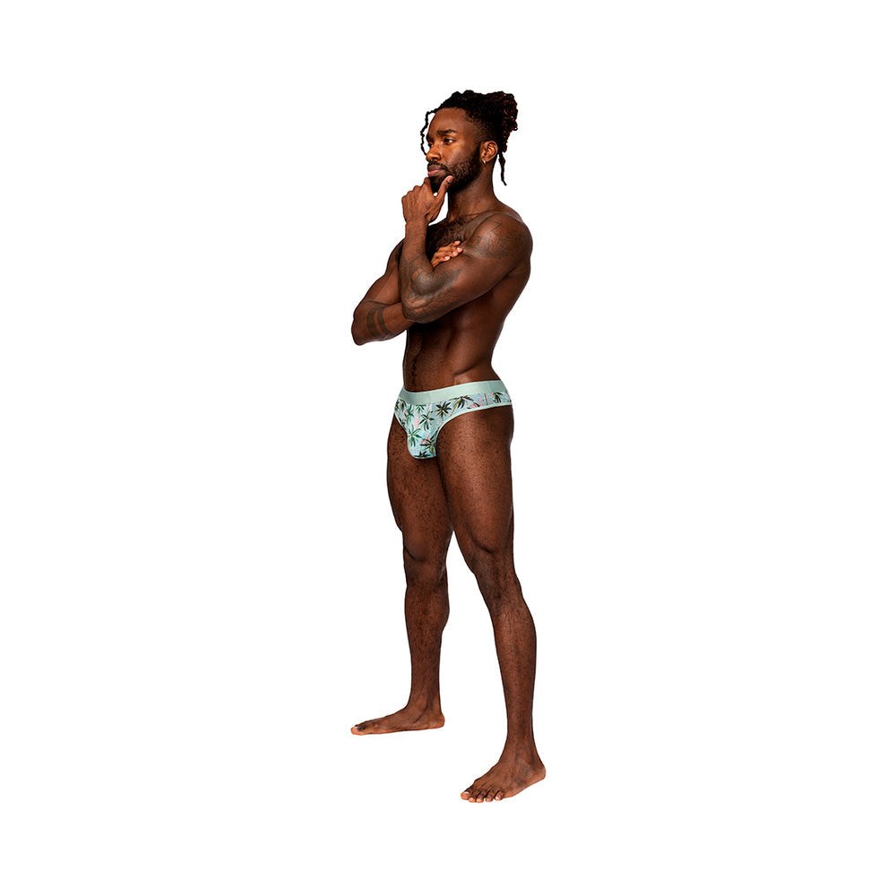 Male Power sheer thong with tropical flamingo print and thin elastic waistband worn by male model