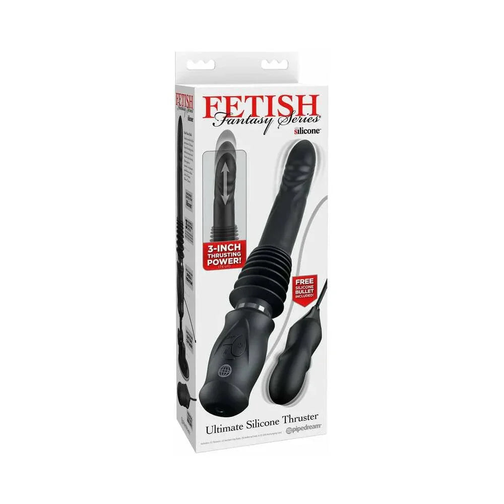 Fetish Fantasy Ultimate Silicone Thruster vibrating thrusting dildo with suction base and vibrating bullet in packaging