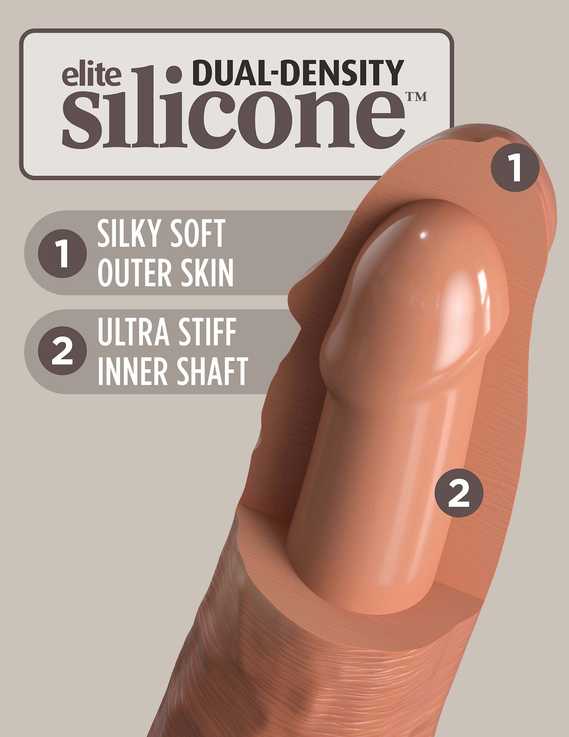 King Cock Elite 8-inch tan silicone dildo with dual-density design featuring silky soft outer skin and ultra stiff inner shaft for realistic feel