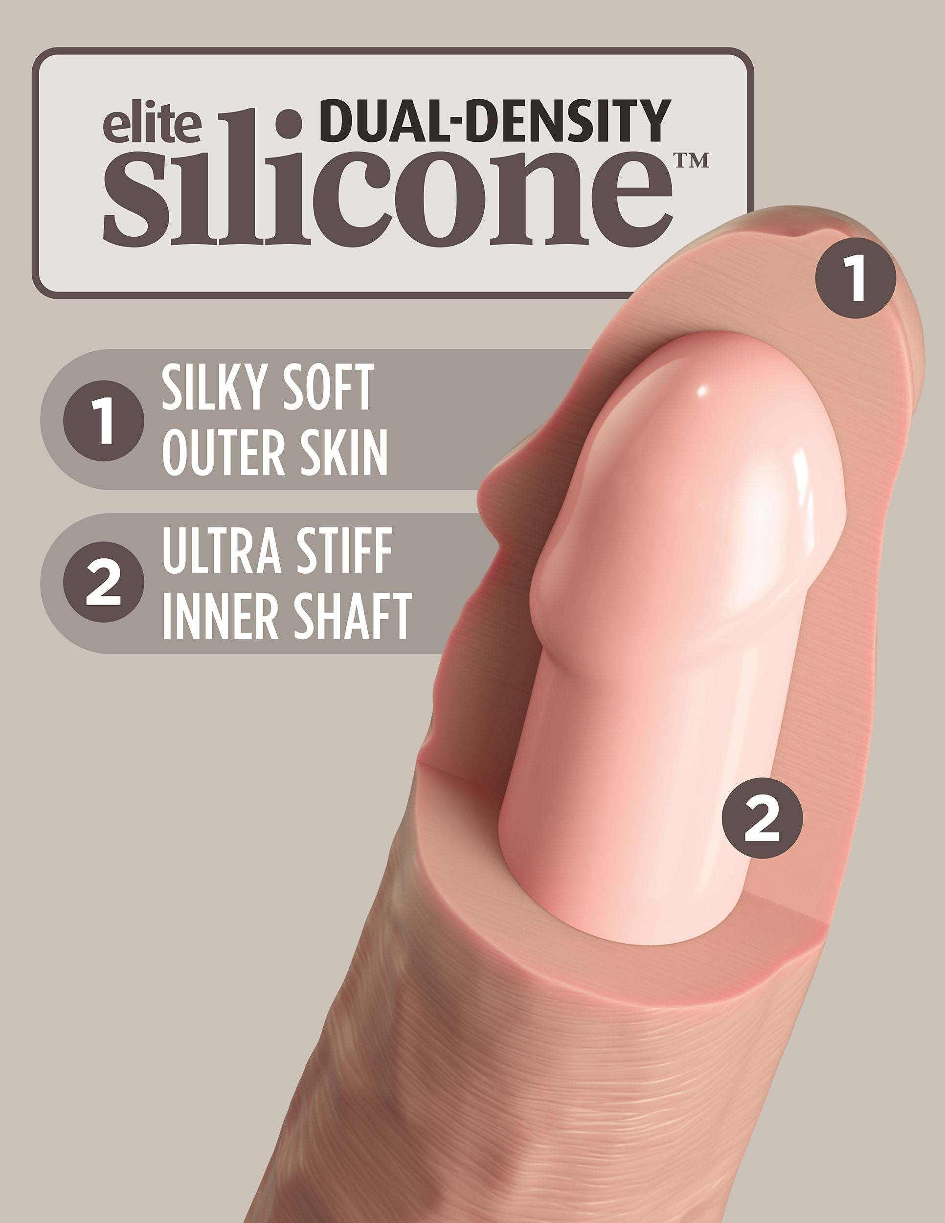 King Cock Elite 8 inch dual-density silicone dildo with silky soft outer skin and ultra stiff inner shaft.