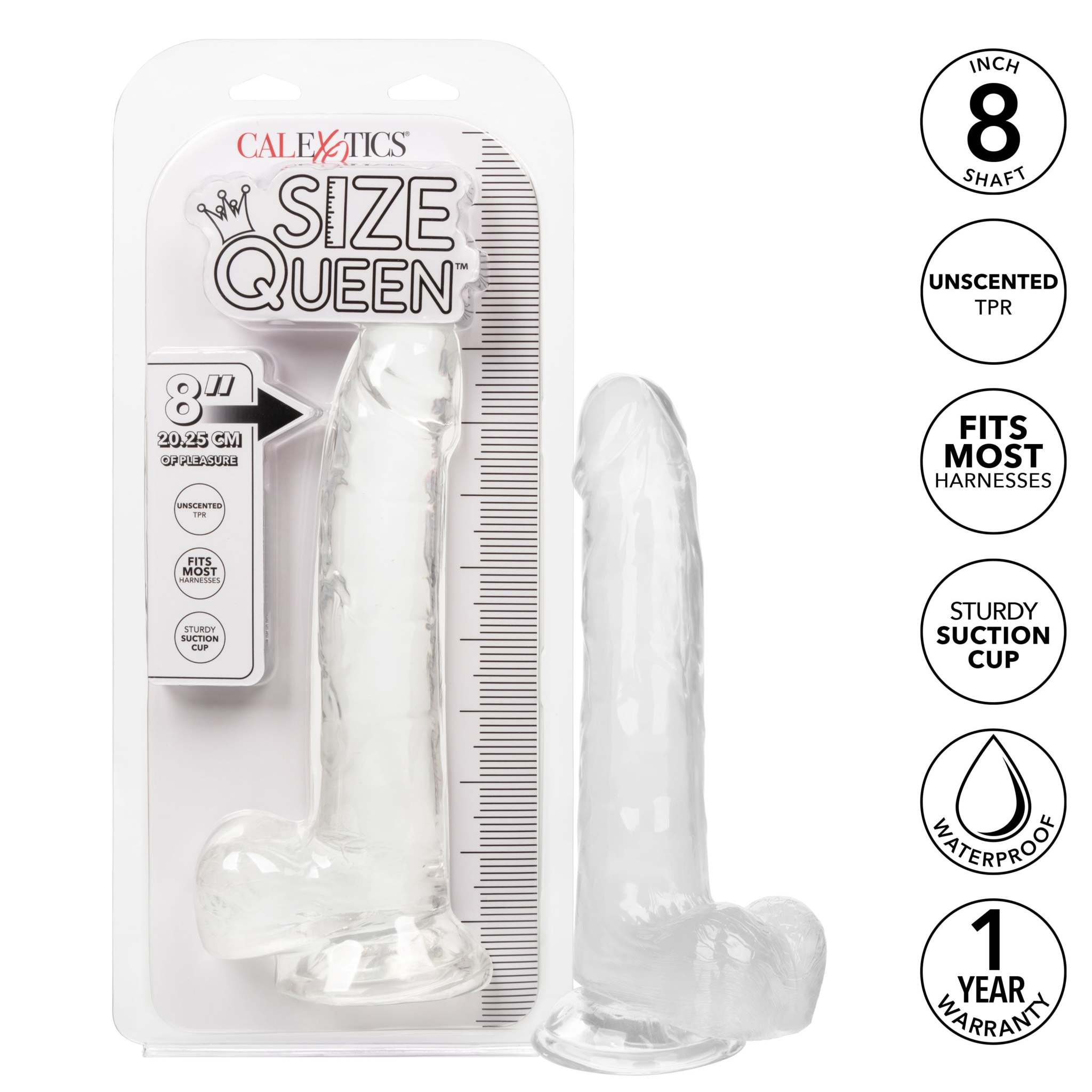 Clear Size Queen 8 inch realistic dildo with suction cup base, fits most harnesses, waterproof and made of phthalate-free TPR
