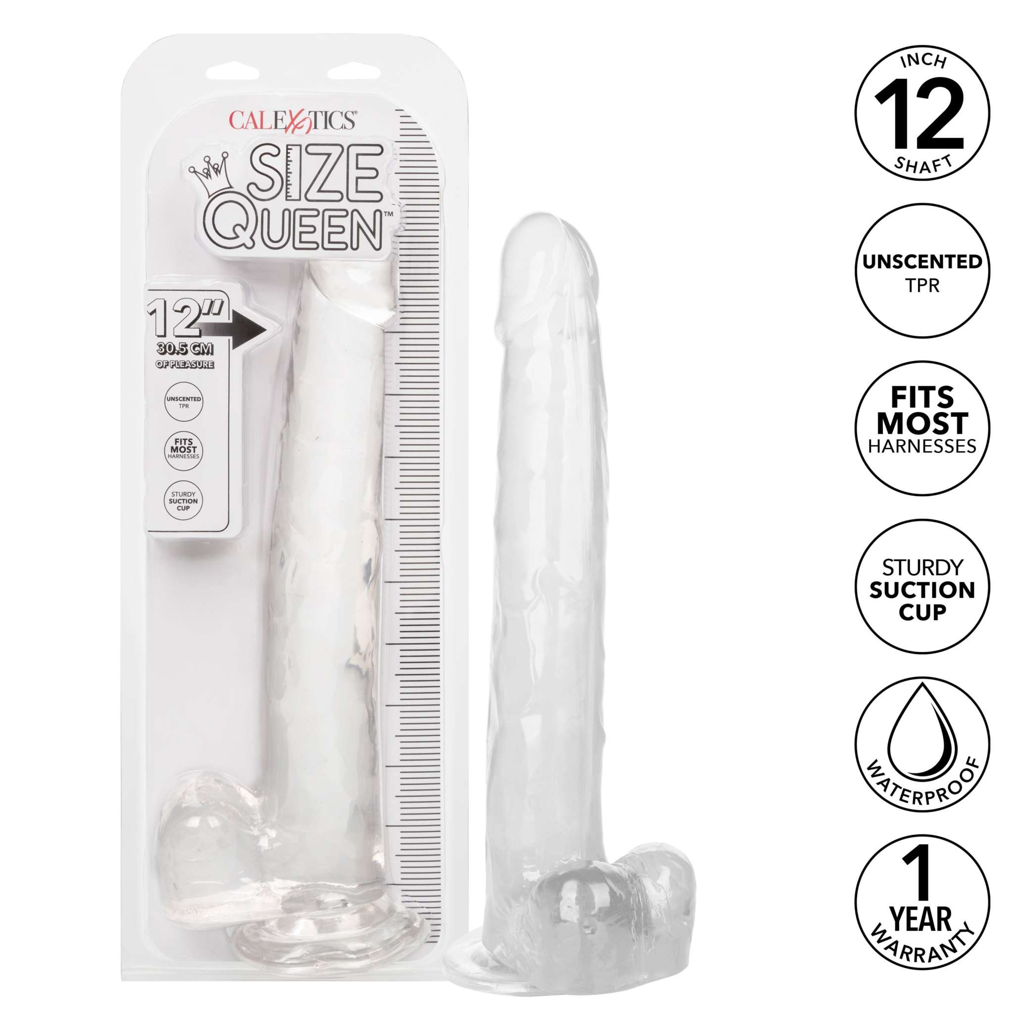 Clear 12 inch Size Queen dildo with suction cup base and realistic design, made from phthalate-free TPR, waterproof and harness compatible