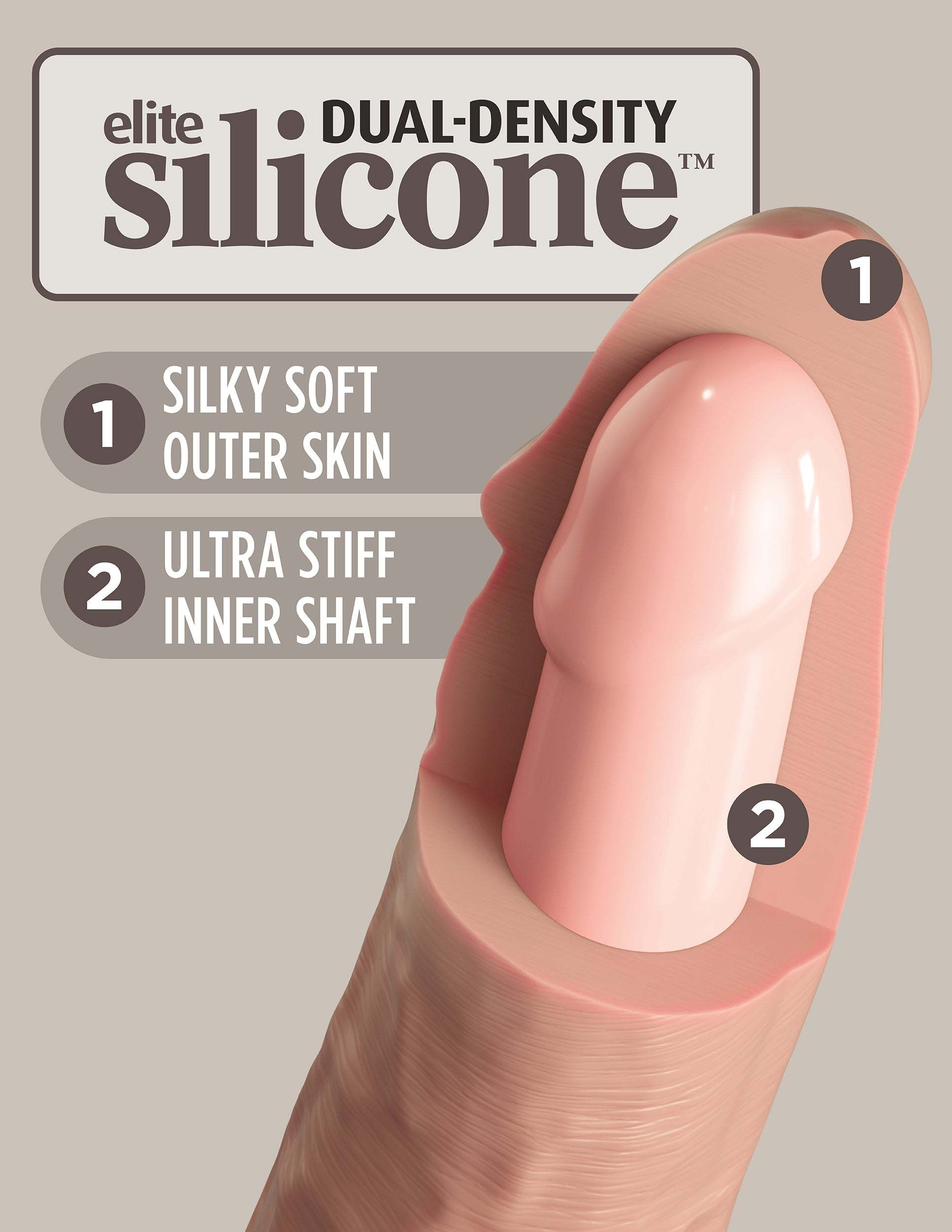 King Cock Elite 9 inch dual-density silicone dildo with silky soft outer skin and ultra stiff inner shaft.
