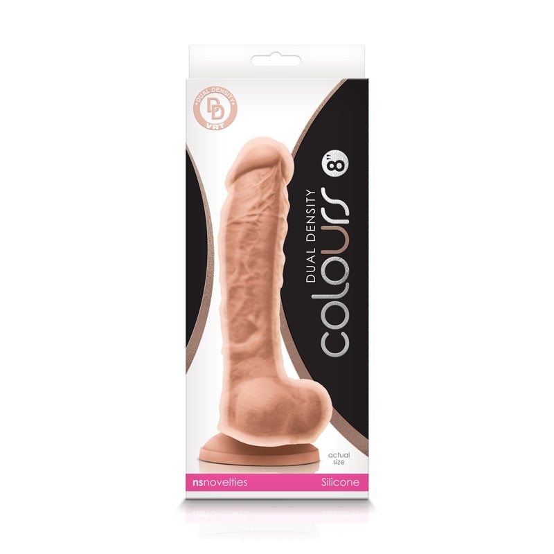 Dual Density 8 Inch Dildo in white with firm core and soft silicone outer layer, suction cup base for hands-free use.