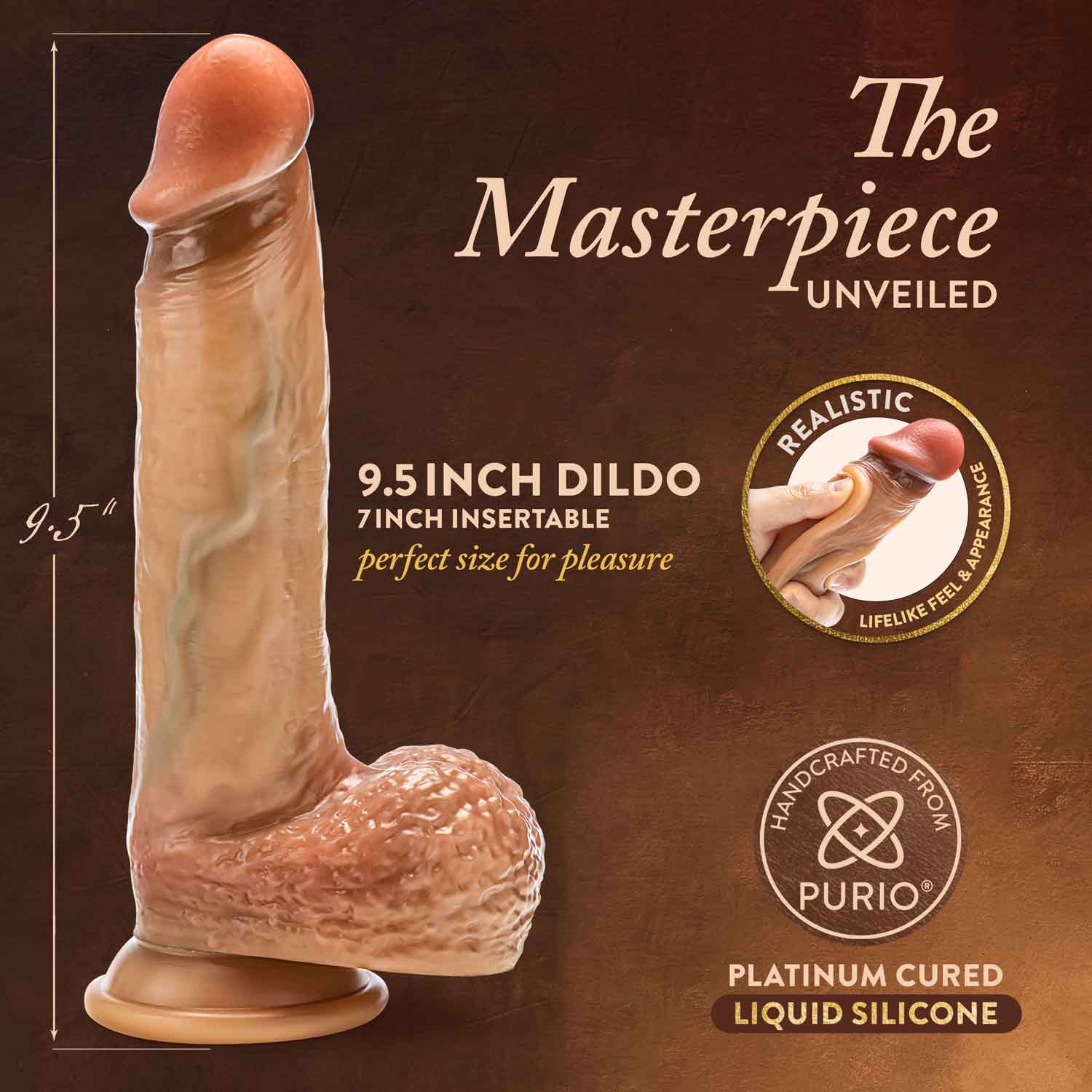 Renaissance - Raphael 9.5 inch sliding foreskin dildo with squeezable balls in tan, made of platinum cured liquid silicone, lifelike texture and suction cup base