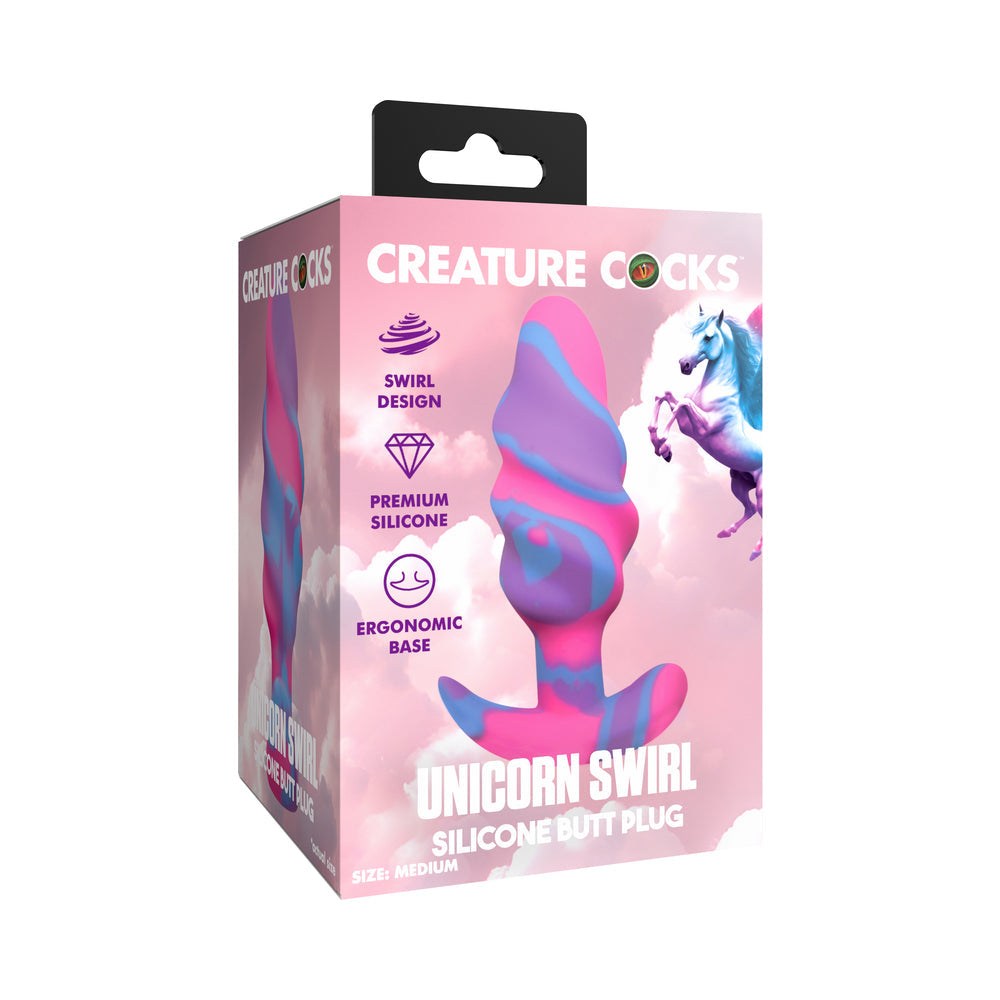 Creature Cocks Unicorn Swirl medium silicone butt plug with vibrant purple, pink, and blue swirl design, ergonomic base, and premium body-safe silicone.