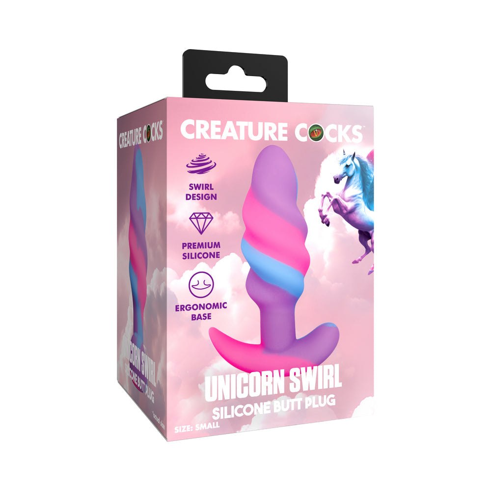 Creature Cocks Unicorn Swirl small silicone butt plug with swirl design and ergonomic base in purple, pink, and blue colors.