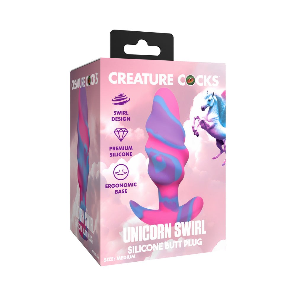 Creature Cocks Unicorn Swirl large silicone butt plug with colorful swirl design and ergonomic base in pink, purple, and blue.