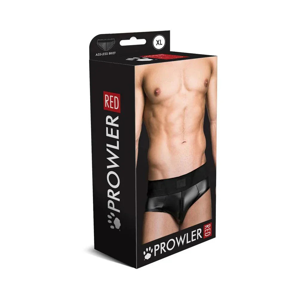 Black wetlook assless brief for men with stretch fit by Prowler RED in XL size packaging