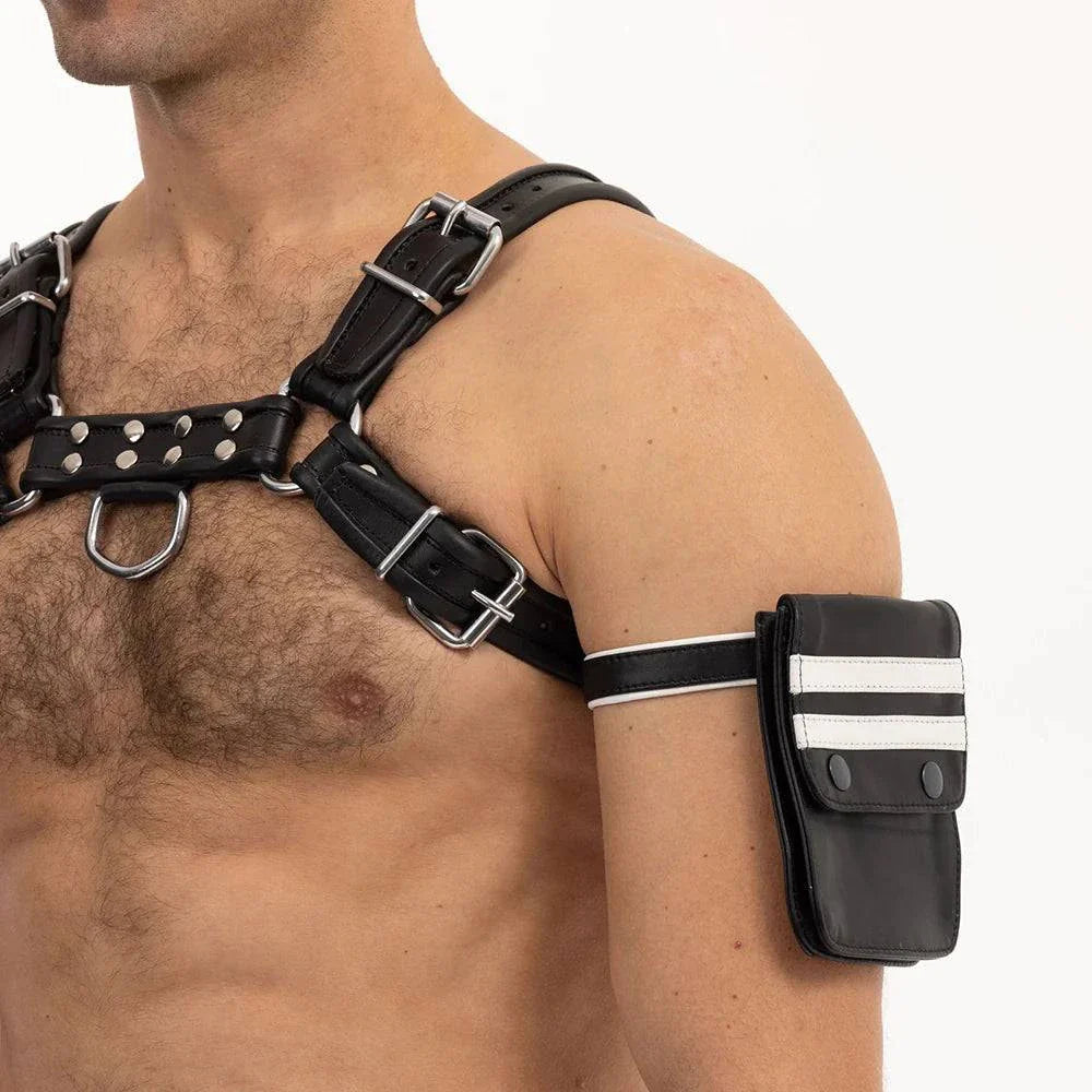 Prowler RED Pouch black leather arm pouch with white stripes worn on upper arm with strap and buckle detailing on muscular male torso