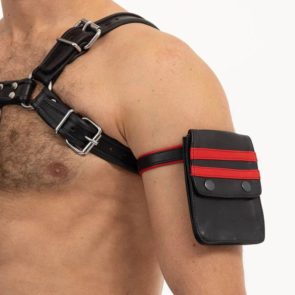 Prowler RED Pouch black leather arm pouch with red stripes worn on upper arm with adjustable buckle straps