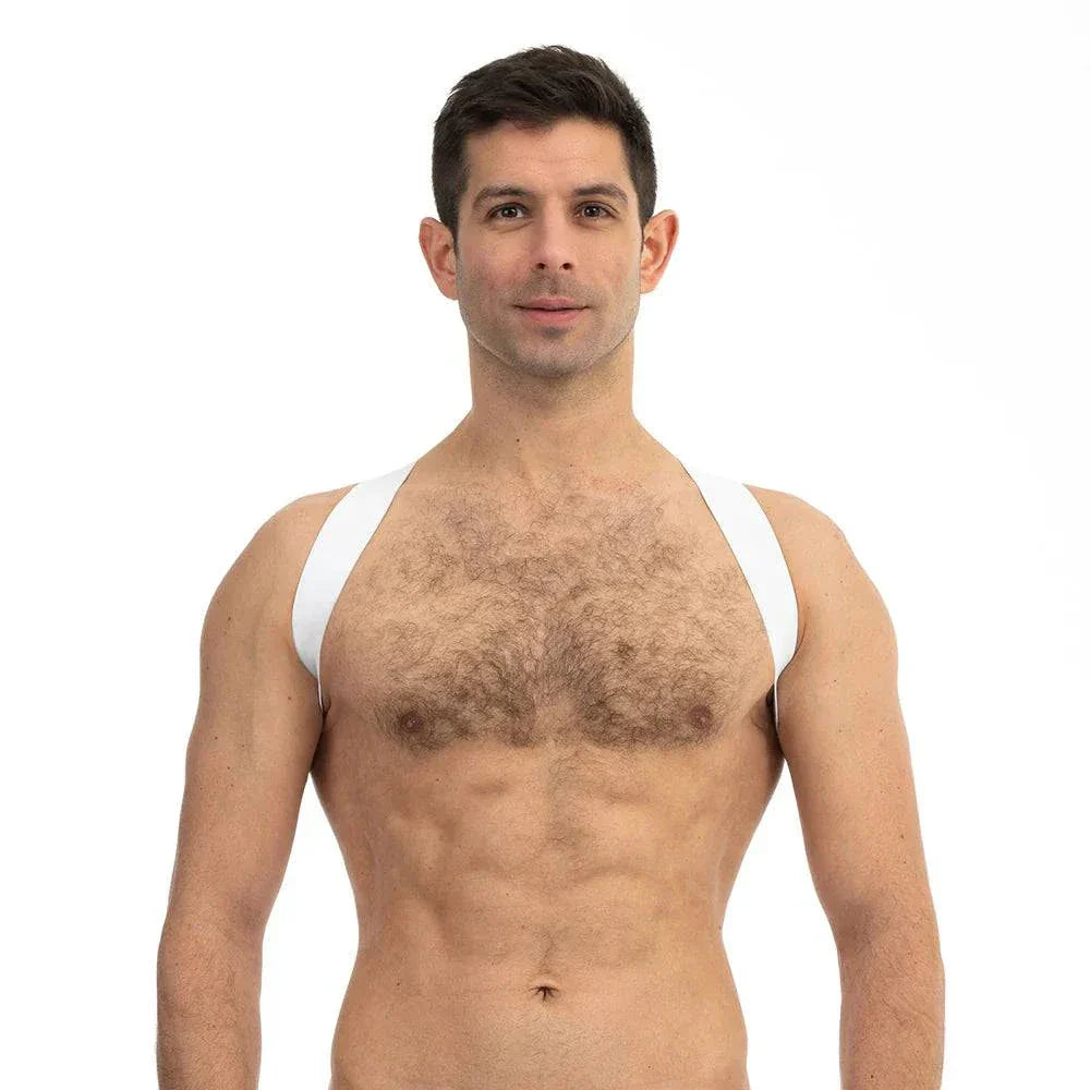 Man wearing Prowler RED Sports Harness in white, designed for active use with lightweight support and adjustable fit.