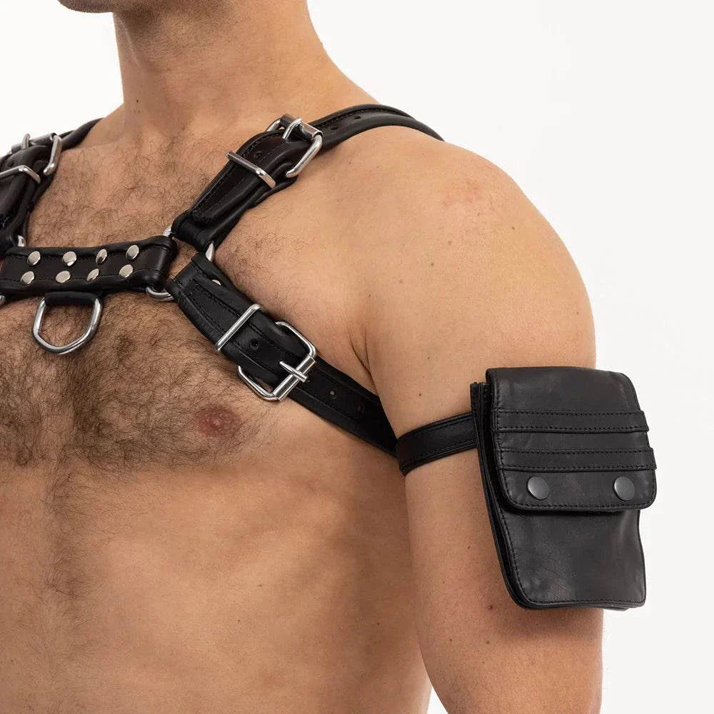 Black leather Prowler RED Pouch worn on upper arm with adjustable strap and button closure