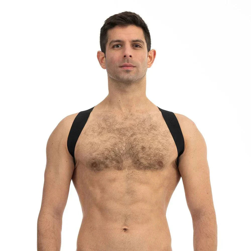 Man wearing Prowler RED Sports Harness black straps for active use and support