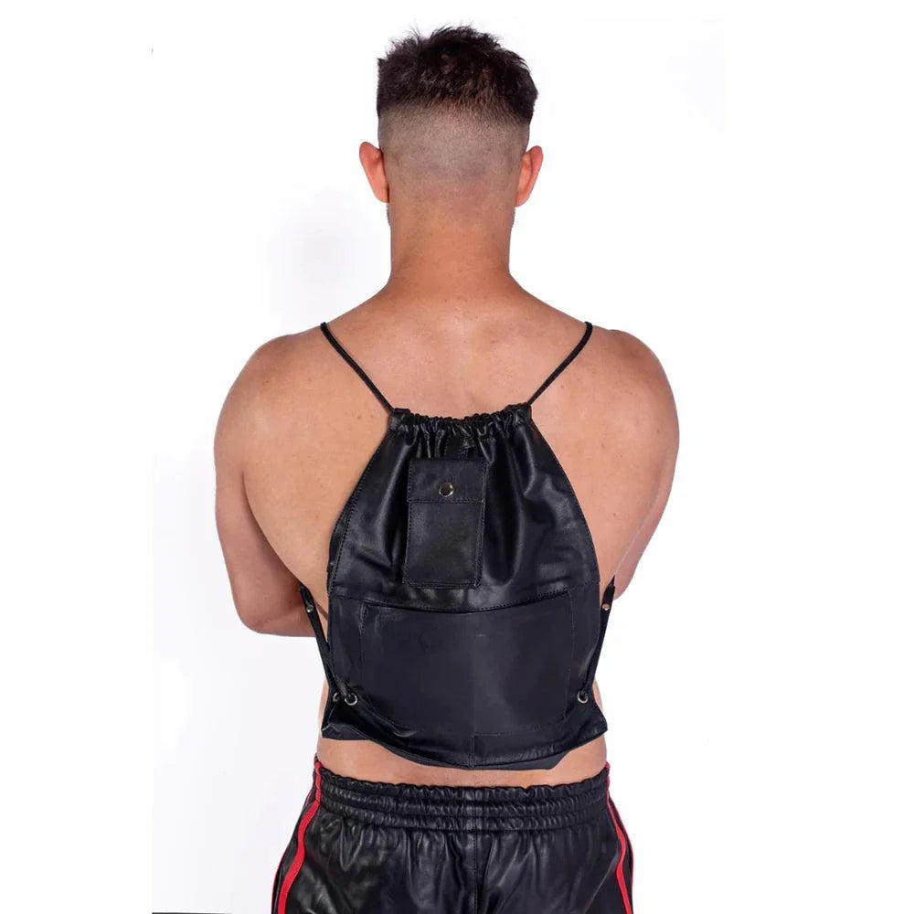 black drawstring leather backpack worn by a shirtless man from the back