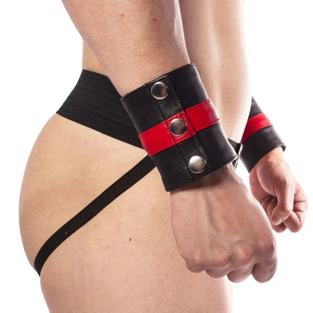 Prowler RED leather wrist wallet with adjustable strap and secure snap closure worn on wrist