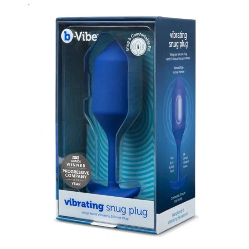 b-Vibe Vibrating Snug Plug 4 Navy rechargeable weighted silicone anal plug in packaging