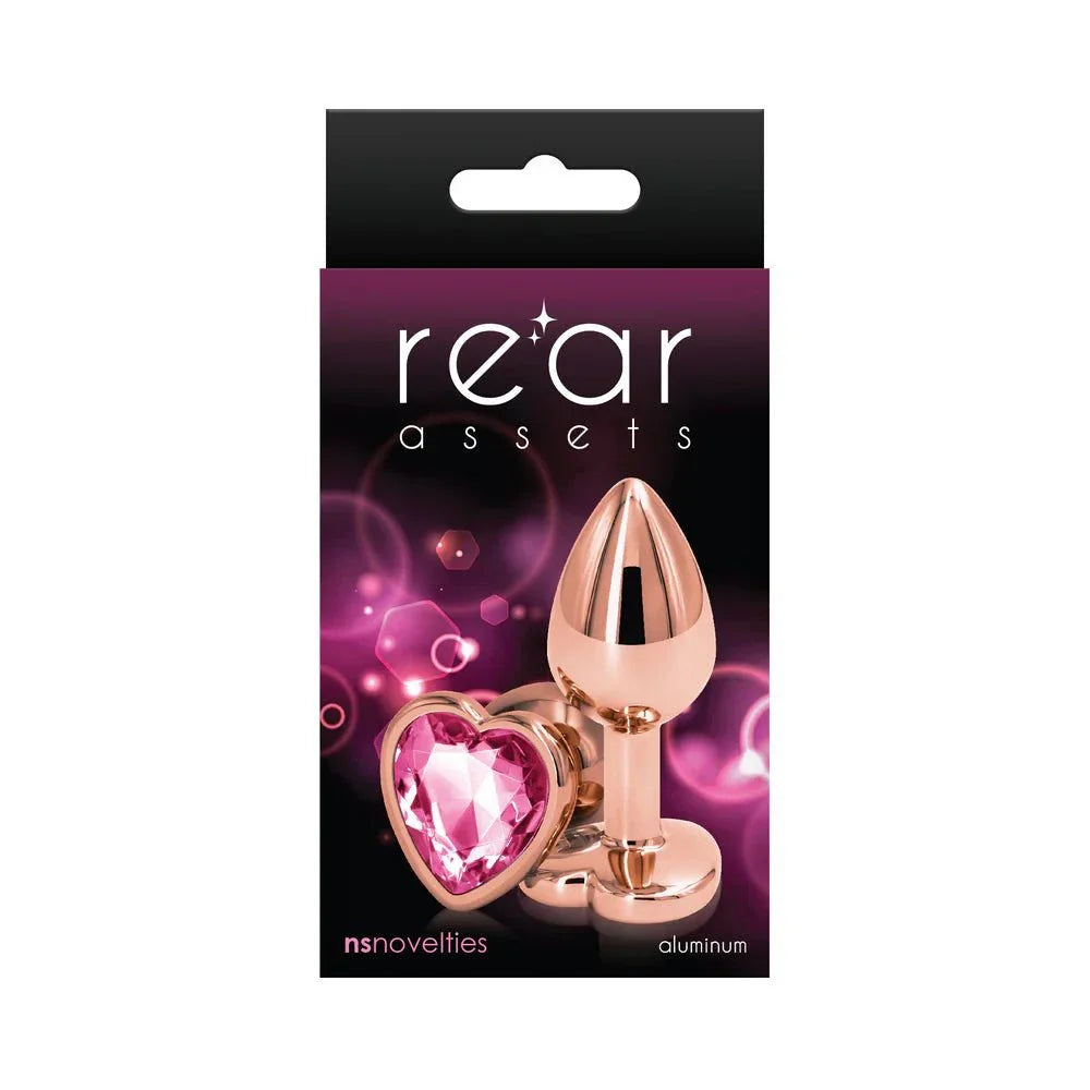 Rear Assets Rose Gold small heart-shaped aluminum anal plug with pink gem