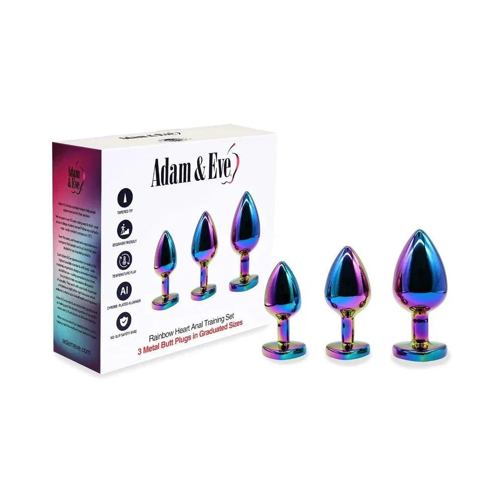 Adam & Eve Rainbow Heart chrome-plated aluminum anal plug training set with three graduated sizes and rainbow finish