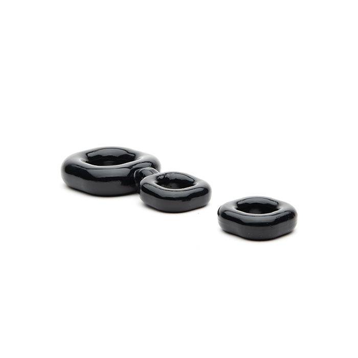 Sport Fucker Boner Kit black stretchable square cockrings and ball stretchers set