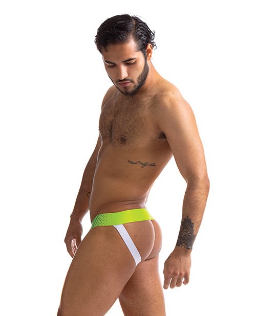 Man wearing lime green and white Sport Fucker Jersey athletic mesh jockstrap performance wear